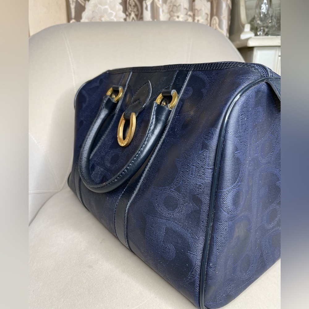 Vintage Christian Dior Coated Canvas Boston Bag Diorissimo PVC Leather Navy Gold - Picture 2 of 11